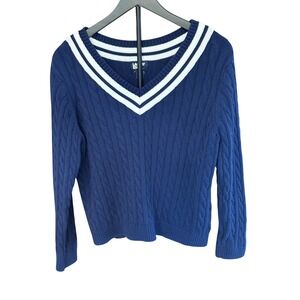 Lands End Womens Navy Blue Cable Knit Cotton V-Neck Varsity Stripe Sweater XL